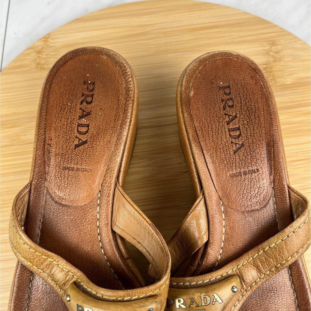 VTG Y2K Prada Womens Size 7.5 EU 37.5 Brown Tan Logo Wood Platform Wedge Sandals - Picture 11 of 11